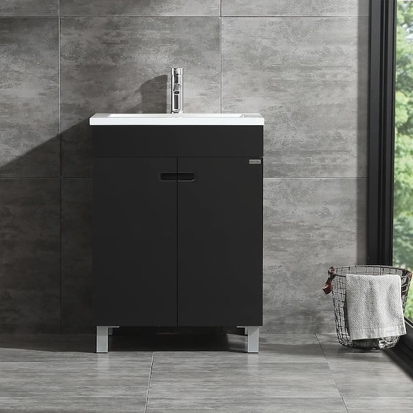 Wonline 24 in. W x 18 in. D x 31.5 in. H Single Sink Freestanding Bathroom Vanity in Black with White Top and Faucet