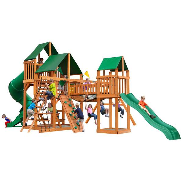 Gorilla Playsets Treasure Trove I Wooden Swing Set with Sunbrella Canvas Canopy and 2 Slides