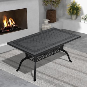 59.05 in. Cast Aluminum Rectangle Patio Outdoor Dining Table with Black Frame and Carved Texture on the Tabletop