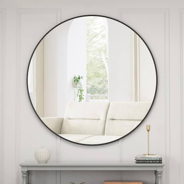 48 in. W x 48 in. H Round Metal Framed Wall Mirror Circle Bathroom Vanity  Mirror Round Mirror in Black