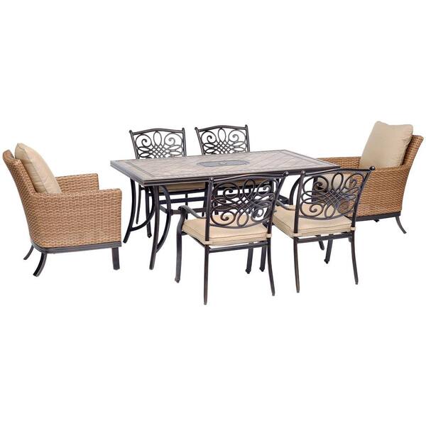 Hanover Monaco 7-Piece Aluminum Outdoor Dining Set with Natural Oat Cushions (2-Woven Armchairs, 4-Cast Dining Chairs)