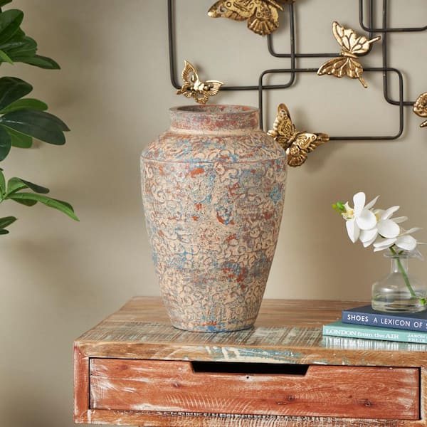 Beige Antique Style Ceramic Scroll Decorative Vase with Blue and Copper Accents