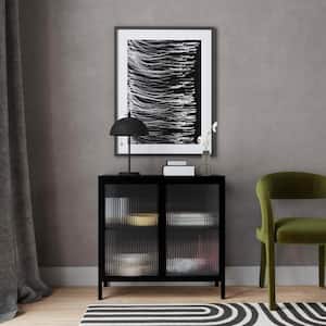Hoxton Black 30 in. H x 31 in. W Accent Storage Cabinet with 2 Ribbed Glass Doors