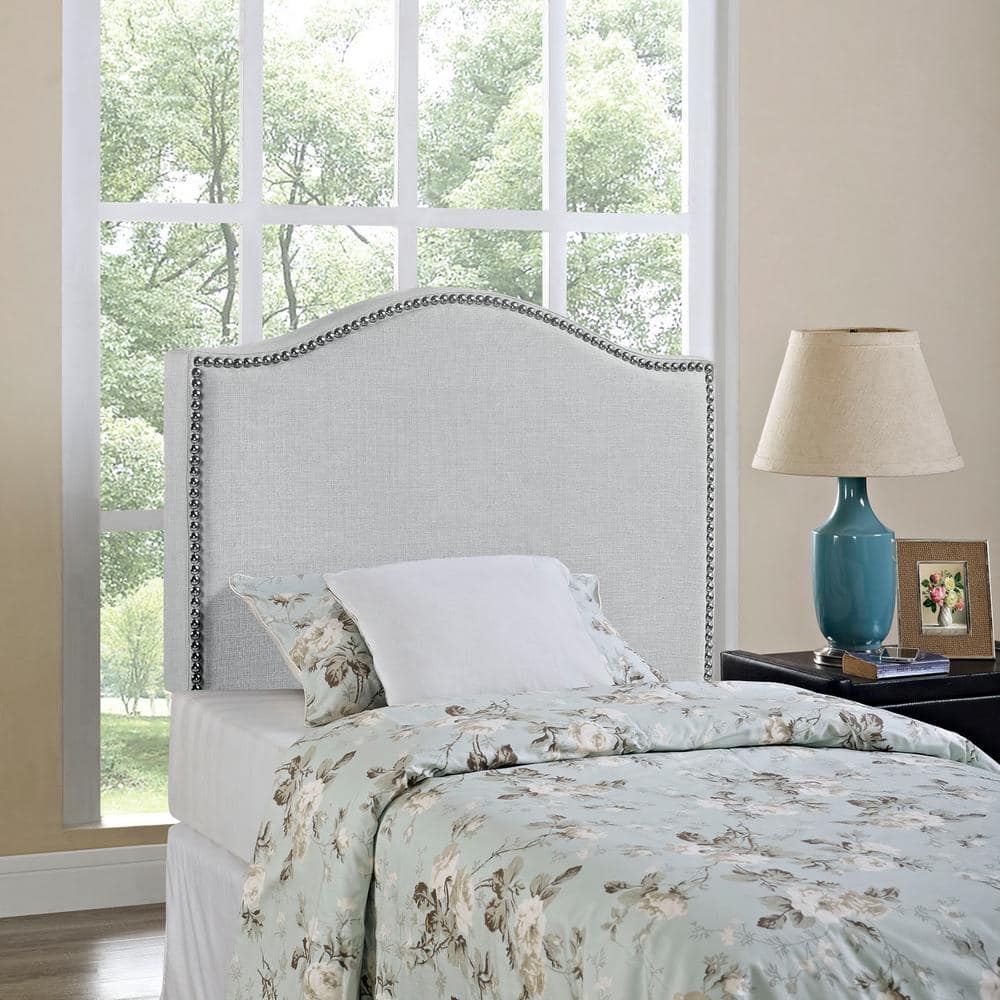 Sky Gray Twin Upholstered Linen Headboard with Nailhead Trim