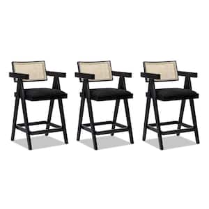 Milan 25.5 in. Modern Resin Webbing Back Bar Stool with Arms, Set of 3, Ebony Black Boucle