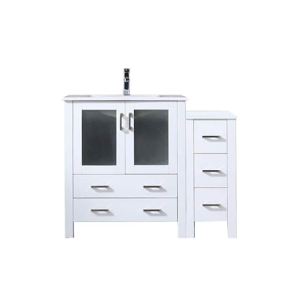 Volez 42 in W x 18.25 in D White Single Bath Vanity with Side Cabinet, White Ceramic Top, and Faucet Set