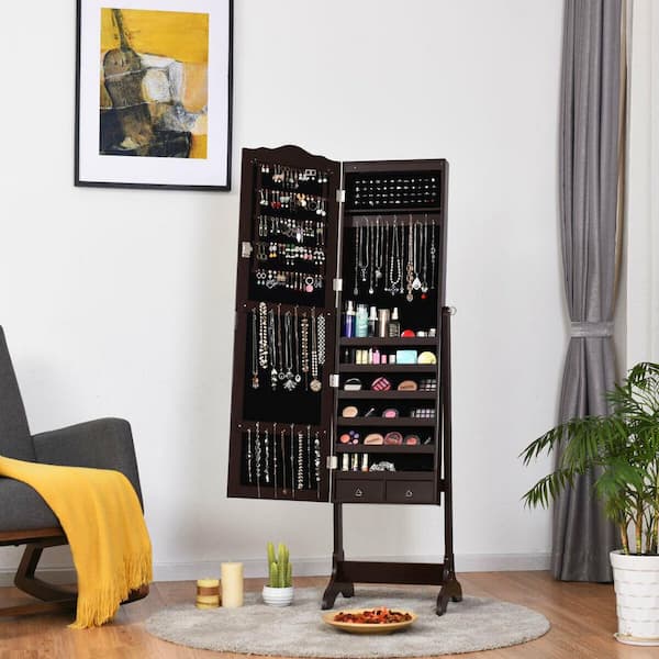 Coffee Wood 14-LED Jewelry Armoire Cabinet with Full Length Mirror and 4-Tilting Angles