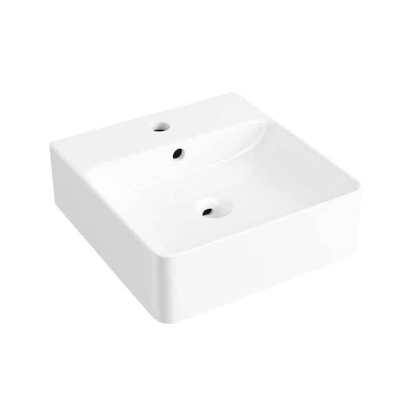 Turner Crisp White Vitreous China 16 in. Square Wall-Mount Vessel Sink with Faucet Hole and Overflow