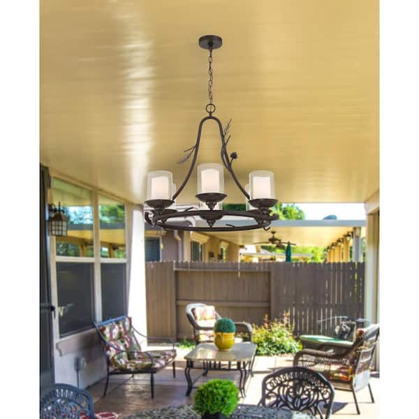 Ponderosa Ridge 6-Light Weathered Spruce with Silver Outdoor Chandelier with Clear Glass