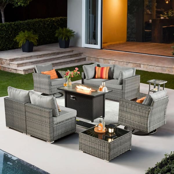 Echo 9-Piece Wicker Patio Rectangular Fire Pit Set with Dark Gray Cushions and Swivel Rocking Chairs