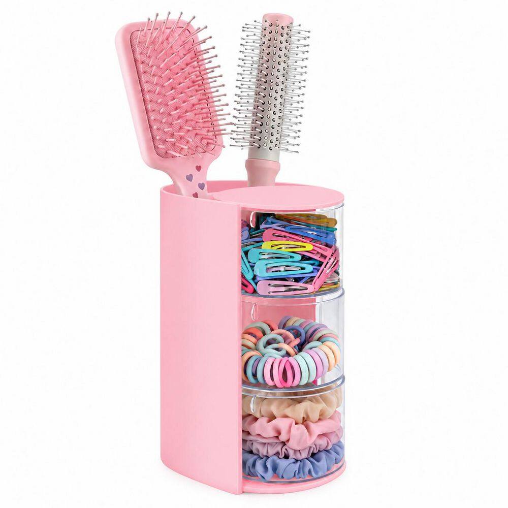 Pink 4 in. Tabletop Hair Tool Organizer with 3-Tier Rotating Storage and 5 Compartments