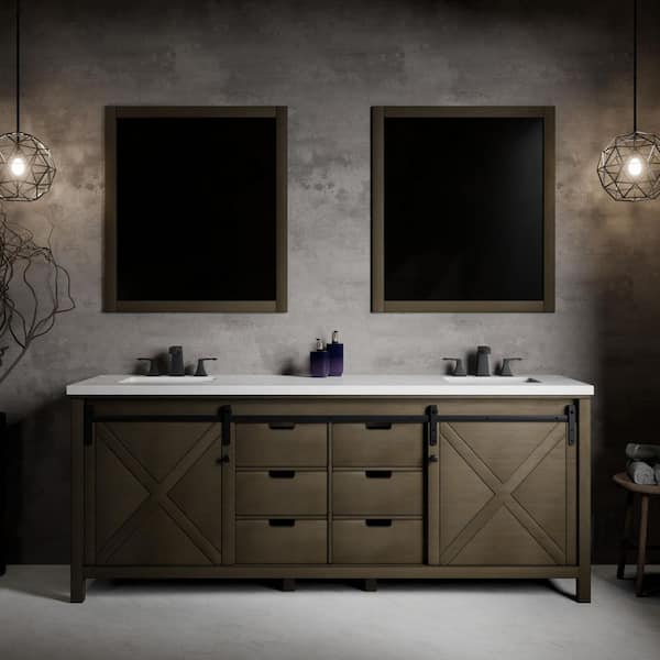 Marsyas 84 in W x 22 in D Rustic Brown Double Bath Vanity, White Quartz Countertop and Faucet Set