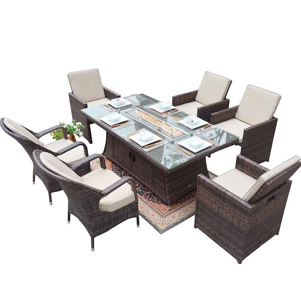 moda furnishings Nicole Brown 7-Piece Wicker Patio Fire Pit Dining Sofa Set with Beige Cushions