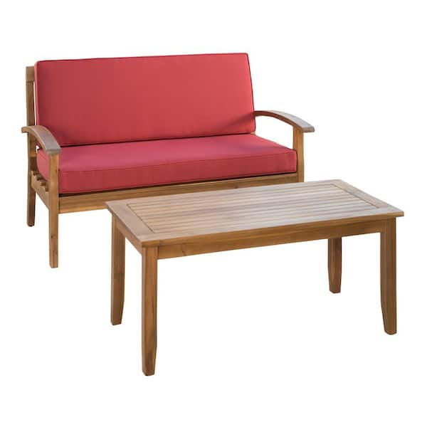 Caldwell Teak 2-Piece Wood Outdoor Patio Conversation Set with Red Cushions