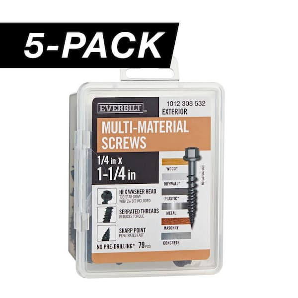 Everbilt 5-Pack 1/4 in. x 1-1/4 in. Black 6-Lobe Drive Exterior Washer Hex Head Multi-Material Screw (5 lbs. / 395-Piece)