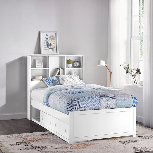 Hilale Furniture Caspian White Twin, Full Size Bookcase Bed With Storage