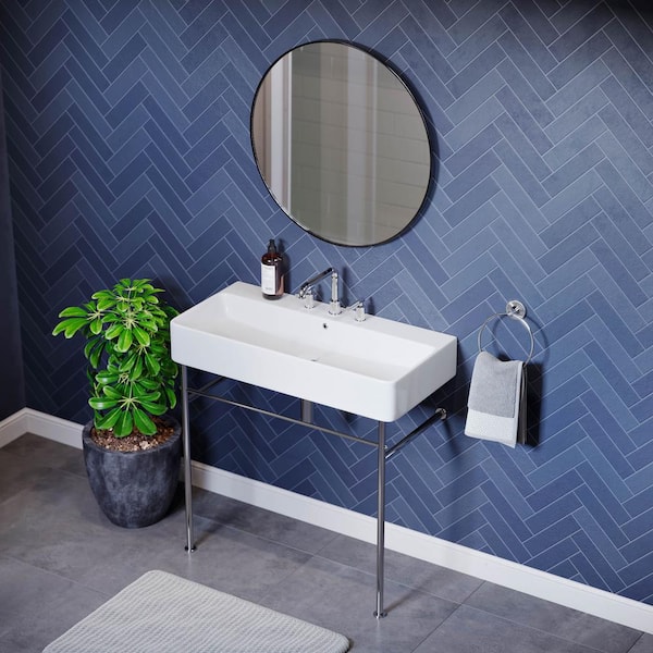 Swiss Madison 36 in. W Carre Ceramic White Console Sink With Chrome Legs and 8 in. Widespread Faucet Holes