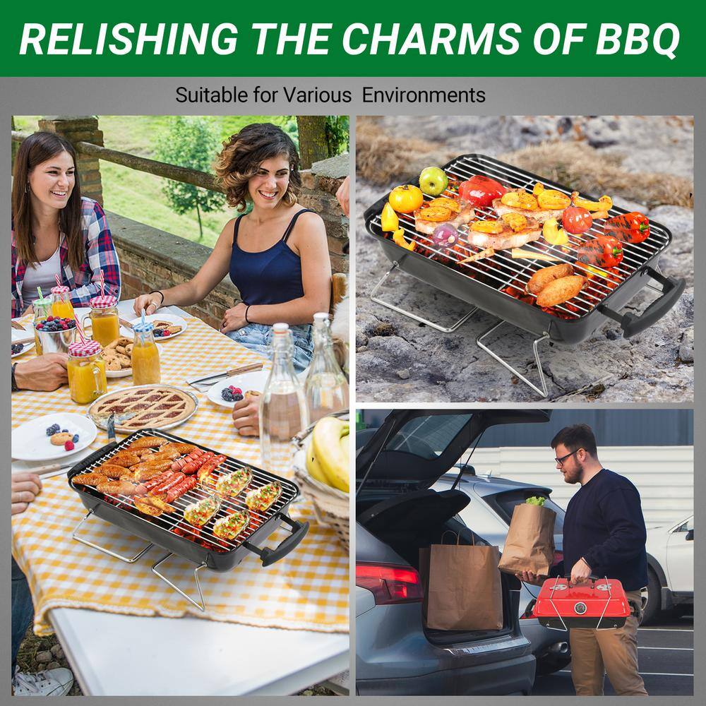 Red and Black Portable Cast Iron Charcoal Grill