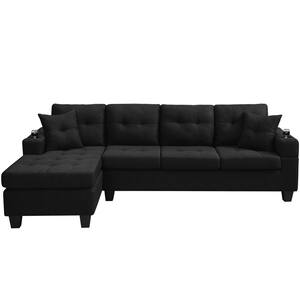 96 in. Square Arm Polyester Modern L Shaped 4-Seats Sofa with 2-Pillows in Black