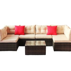 7-Piece Wicker Patio Conversation Set with Shallow Brown Cushions