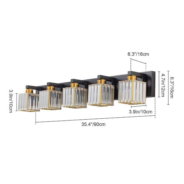 Orillia 35.4 in. 5-Light Black and Gold Bathroom Vanity Light with Crystal Shades