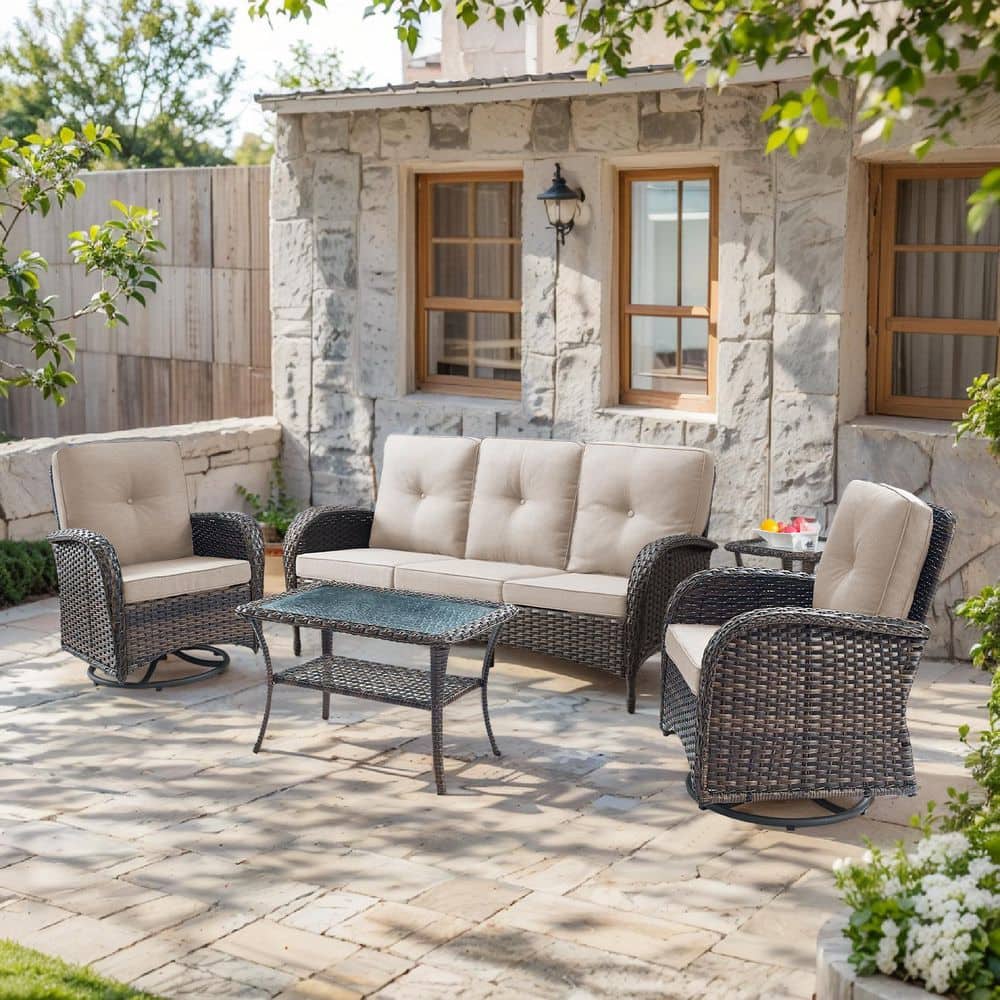 SleekArm 5-Piece Brown Wicker Patio Conversation Set with Olefin Beige Cushion and Outdoor Swivel Glider Chairs price history on PriceWatchPro