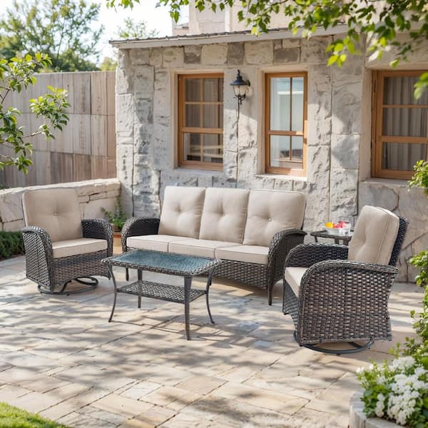SleekArm 5-Piece Brown Wicker Patio Conversation Set with Olefin Beige Cushion and Outdoor Swivel Glider Chairs