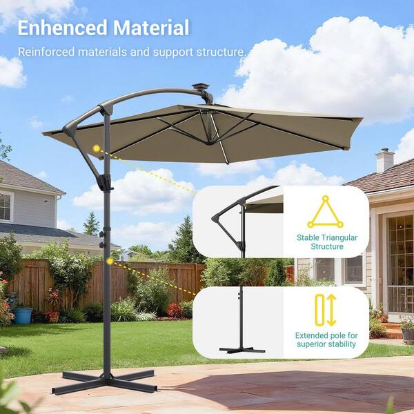 extended patio umbrella Sonkuki 10 ft. Offset Patio Umbrella with Solar Panel, Foldable Handle and Steel Frame Outdoor Cantilever Umbrella, Taupe