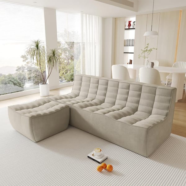 J&E Home 82.68 in. W Armless Linen Polyester Modular Free Combination Sofa in. Khaki with Ottoman