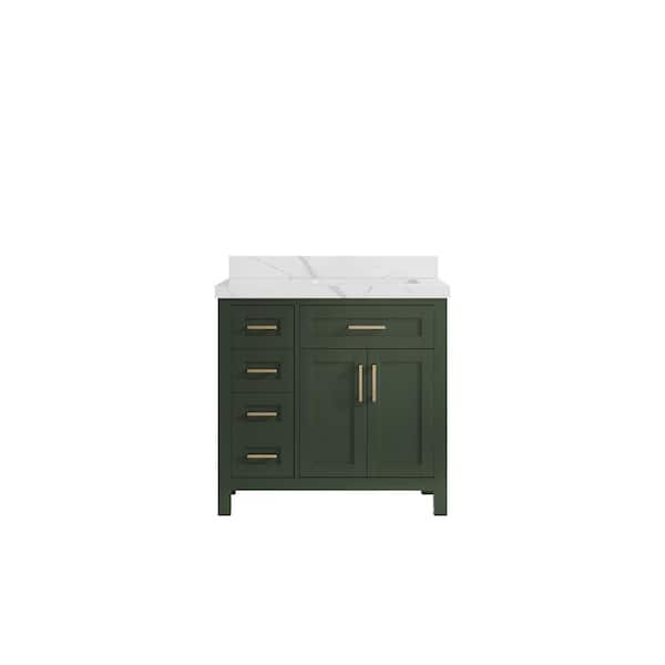 Willow Collections Cambridge 36 in. W x 22 in. D x 36 in. H Right Offset Sink Bath Vanity in Pewter Green with 2 in Calacatta Quartz Top