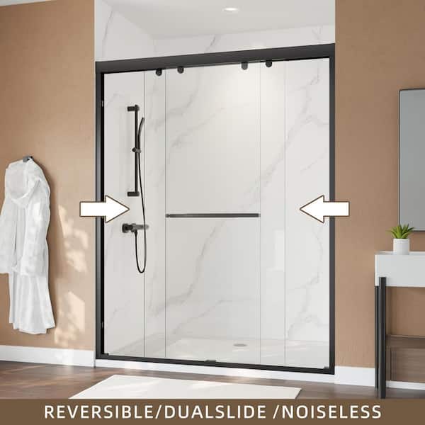 56-60 in. W x 76 in. H Framed Double Sliding Shower Door in Matte Black Finish with Easy-Clean Glass and Towel Bar