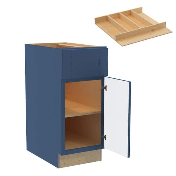 Home Decorators Collection Washington 15 in. W x 24 in. D x 34.5 in. H Vessel Blue Plywood Shaker Assembled Base Kitchen Cabinet Right Utility Tray