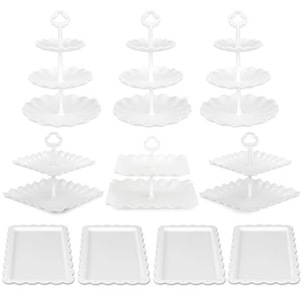 10 Pack White Cake Stand Set with 3 Two-Tier, 3 Three-Tier Cupcake Stands, and 4 Appetizer Trays, for Birthday and Party