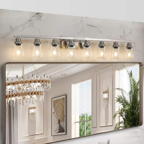 51 in. 8-Light Brushed Nickel Vanity Light with Glass Shade