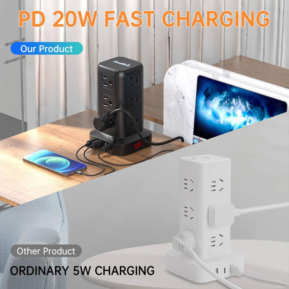 Black Tower Power Strip with 6.5 ft Cord and USB Ports