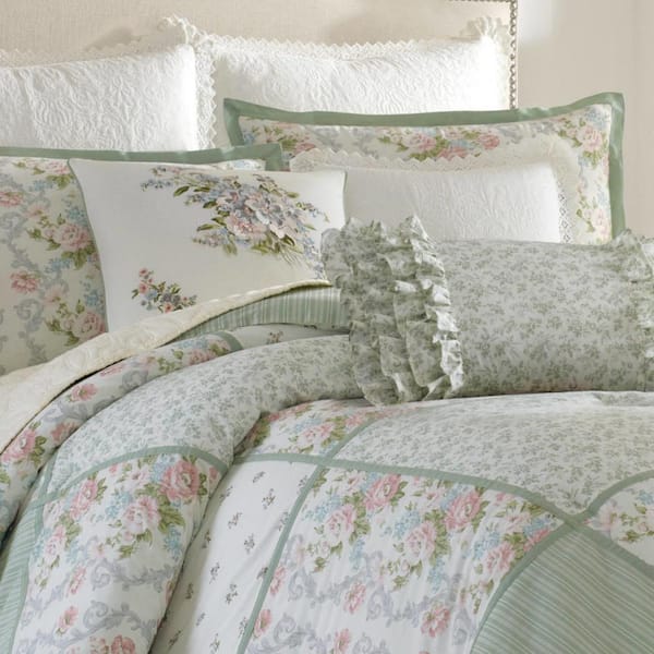 Laura Ashley Harper 4-Piece Jade Green Floral Cotton Queen Comforter Set  220884 - The Home Depot