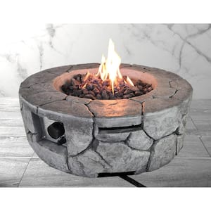 28 in. W Gray Round Concrete Base Multi-fuel LP Gas Fire Pit with Electronic Adjustable Igition, Lava Rocks, 40000 BTU