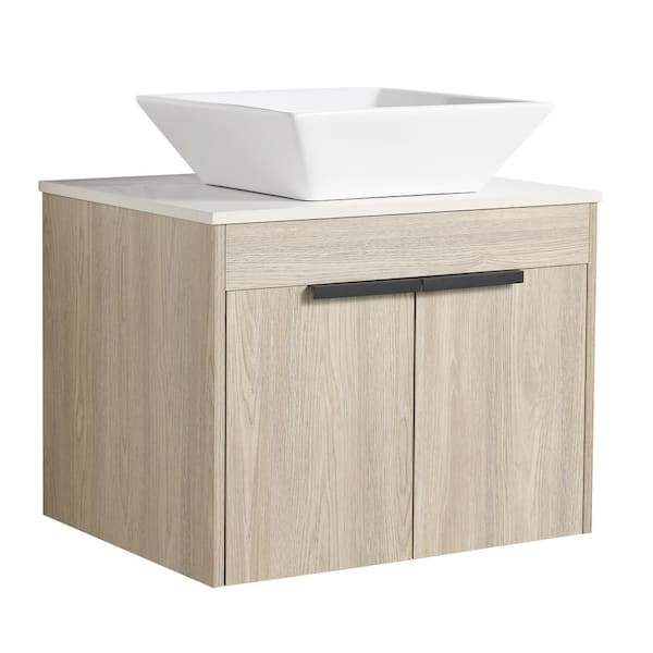 24 in. W x 23 in. D x 19 in. H Single Sink Wall Mounted Bath Vanity in Oak with White Ceramic Top