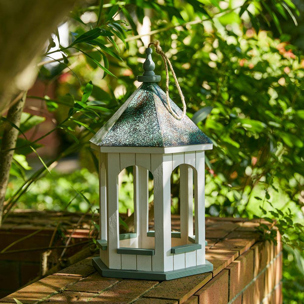 Large Hanging Gazebo Bird Feeder with Patina Metal Roof