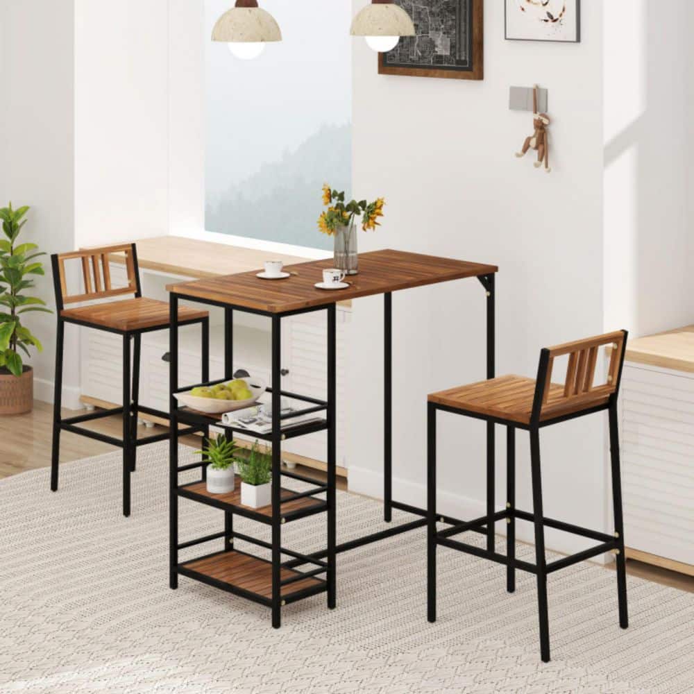3-Piece Acacia Wood Outdoor Serving Bar Set with 3-Tier Storage Shelf and Metal Frame price history on PriceWatchPro