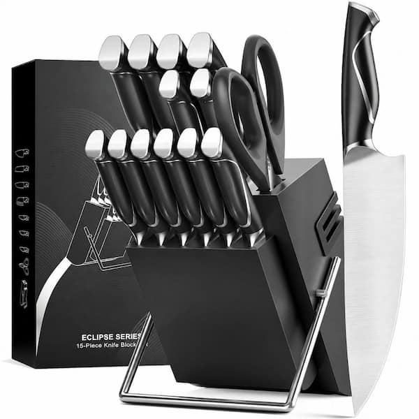 15-Piece High-Carbon Stainless Steel Knife Block Set with Full Tang Blades, Sharpener, and Ergonomic Handles