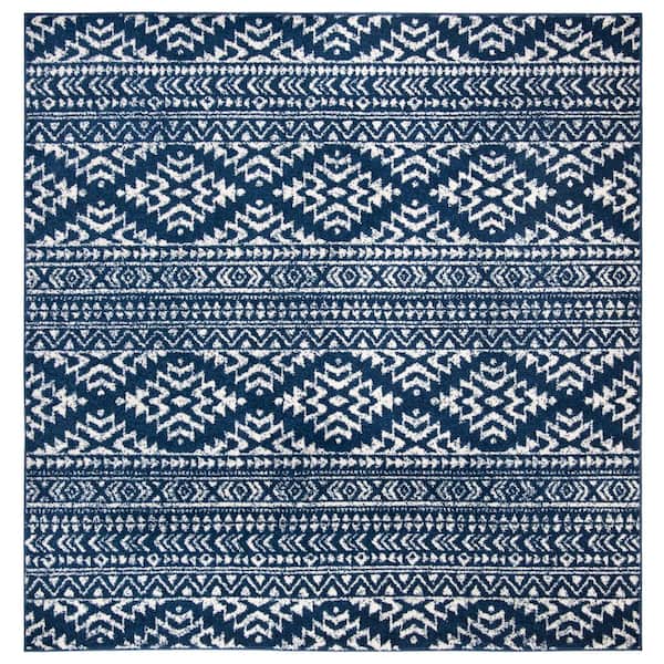 SAFAVIEH Tulum Navy/Ivory 5 ft. x 5 ft. Square Tribal Geometric Striped Area Rug