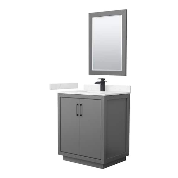 Wyndham Collection Icon 30 in. W x 22 in. D x 35 in. H Single Bath Vanity in Dark Gray with Carrara Cultured Marble Top and 24" Mirror