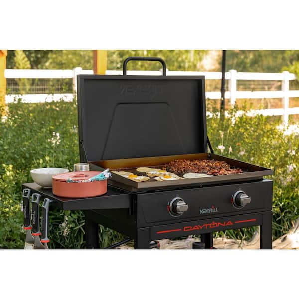 Daytona 2-Burner Propane Gas Grill 28 in. Flat Top Griddle in Black with Lid and PVC Cover Bundle