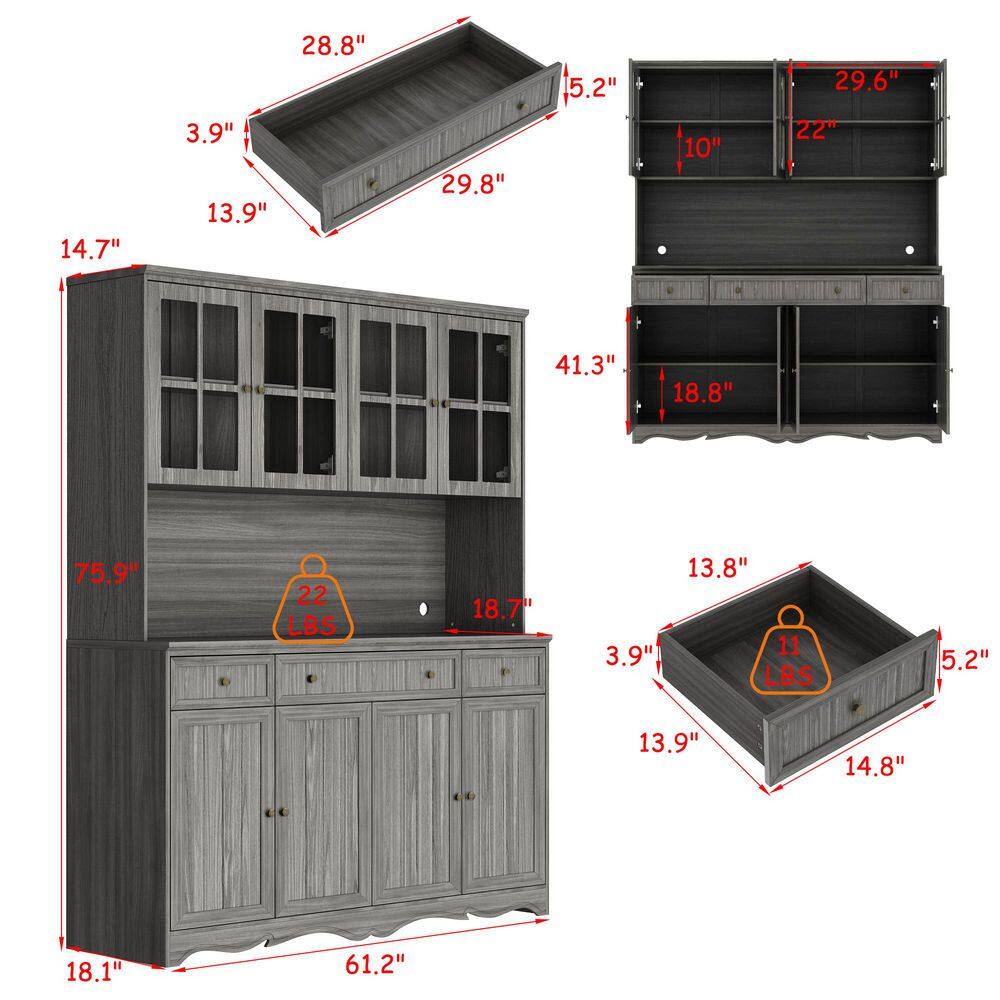 Dimension diagram of the gray wooden buffet and hutch.