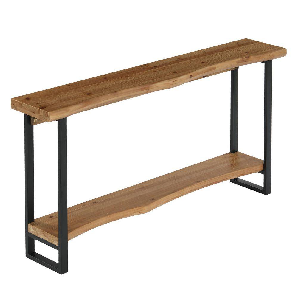 Turrella 63 in. Light Brown Rectangular Solid Wood Console Table, Farmhouse Sofa Table with Metal Legs for Living Room