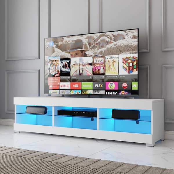 WOODYHOME 57.1 in. White TV Stand with 6 Open Layers Fits TV's up to 65 in. with RGB LED Light