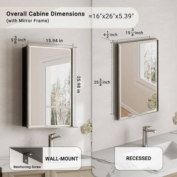 Musey 16 in W x 26 in H Brush Nickel Rectangular Aluminum Medicine Cabinet with Beveled Mirror, Recessed or Surface