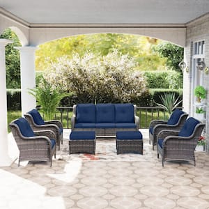 Brown 7-Piece Wicker Outdoor Patio Conversation Sofa Set with Blue Cushion