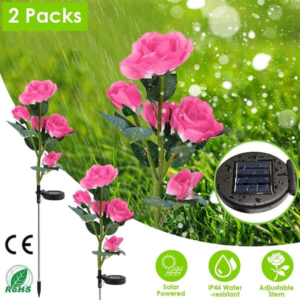 Etokfoks Solar Outdoor Waterproof Pink Rose-Flower-Shaped LED Path Light (2-Pack)